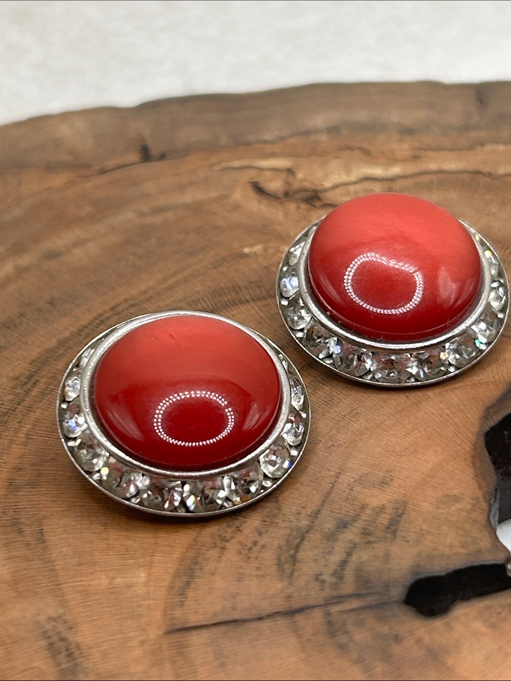 Vintage Coro Red Lucite Cabochon  Rhinestone Halo Button Clip On Earrings 50’s